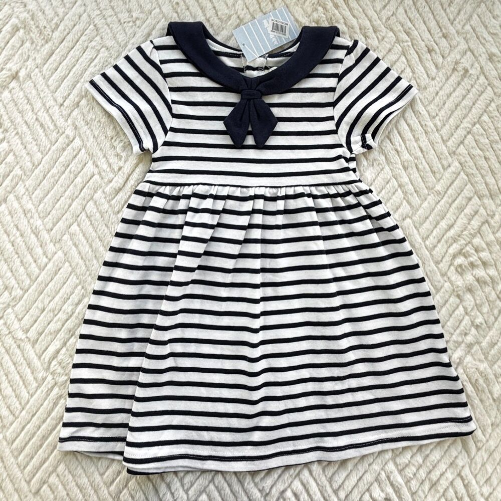 JoJo Maman Bebe 18-24M Navy White Stripe Sailor Collar Dress Classic